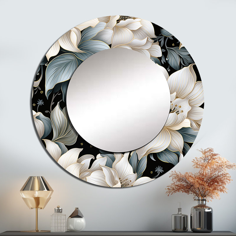 Motif de fleurs exotiques grises et blanches - miroir mural floral unique, miroir rond blanc, impression d'art en métal