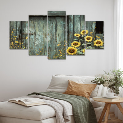 Tournesols par la porte de grange II - art mural tournesols - décoration murale traditionnelle 5 pièces