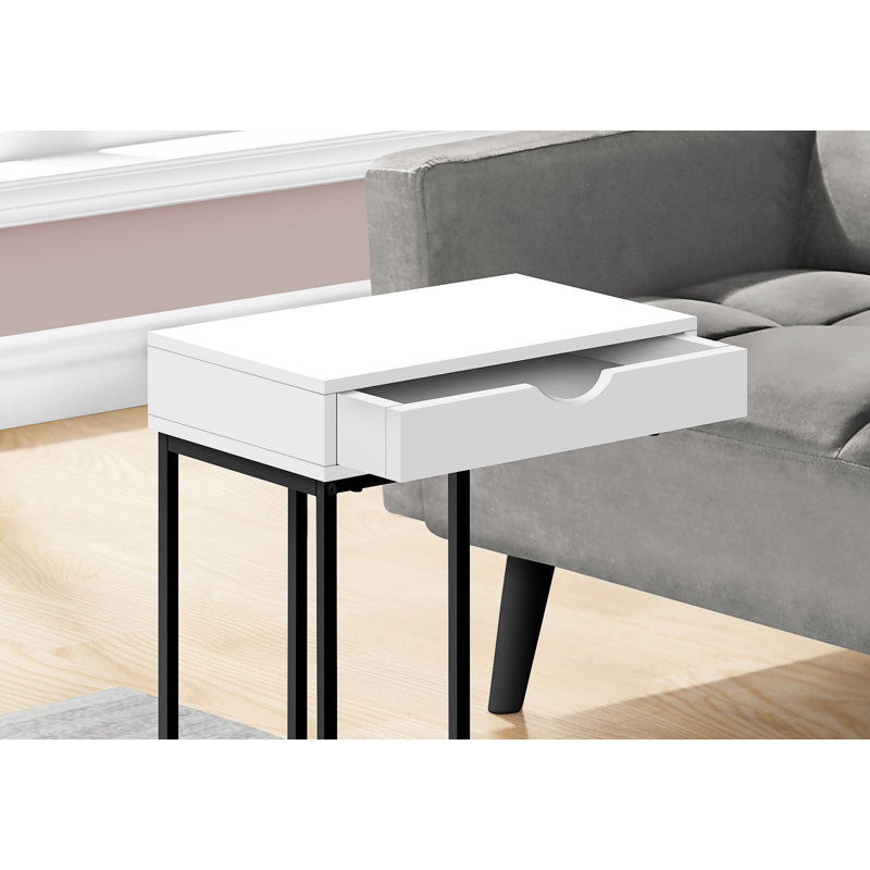 Table d'appoint Shelyn, en forme de C, bout, côté, collation, tiroir de rangement, salon, chambre à coucher, métal, Blanc