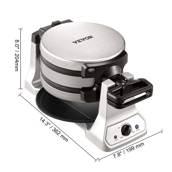 VEVOR Silver Stainless Steel Waffle Maker, 1400W, Removable Drip Tray, Non-Stick, Flippable, Round Shape