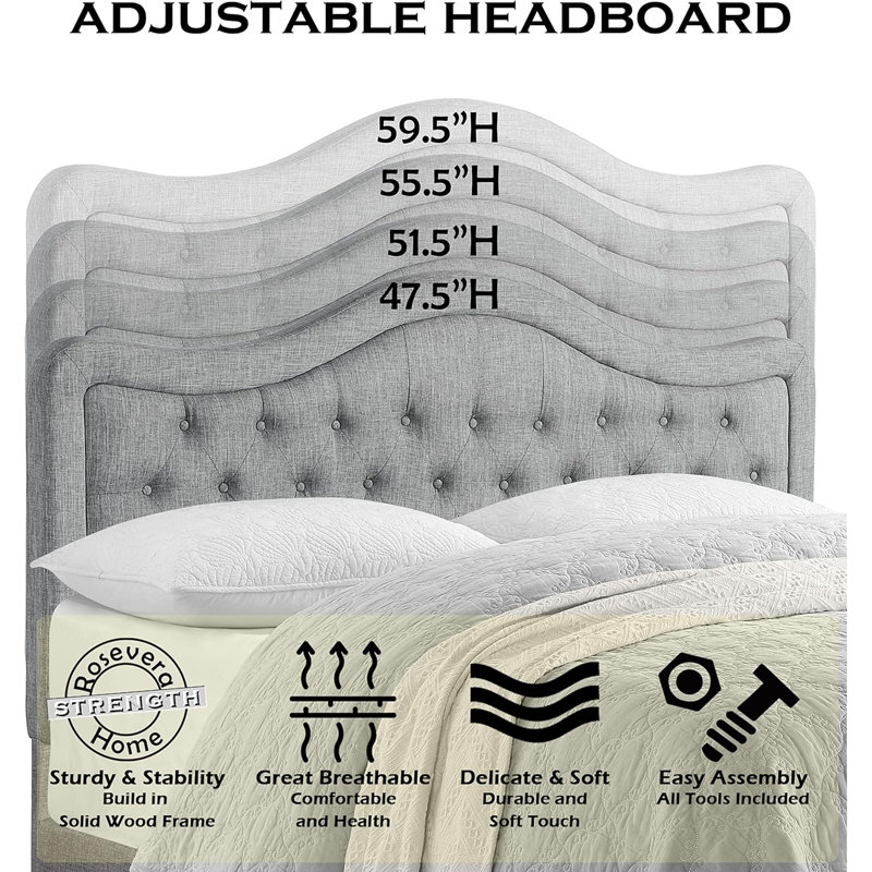 Adjustable Headboard with Fine Linen Upholstery and Button Tufting for Bedroom, Queen, Gray, Queen