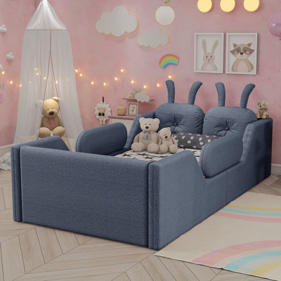 Lit plateforme tapissier simple avec coussin en lapin, lit pour enfants avec rails latéraux amovibles, gris (date d’arrivée prévue le 2025/1/15)