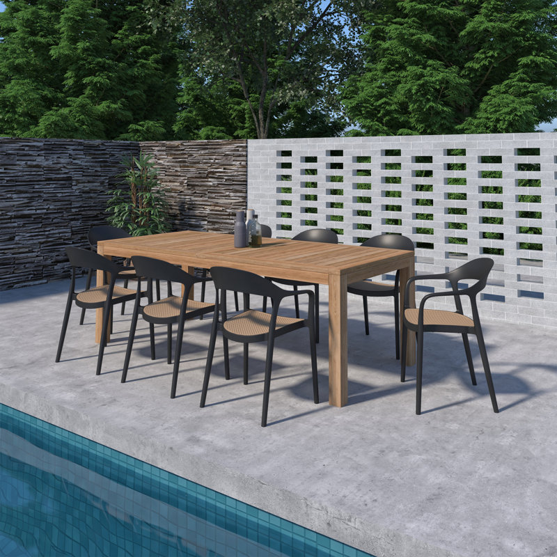 Bensha 9Pc FSC Teak Wood And Resin Outdoor Patio Dining Set