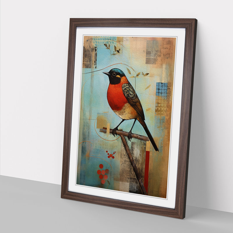 Robin Bird Constructivism - Single Picture Frame Print on Wood, 46cm H x 34cm W x 2cm D, Walnut