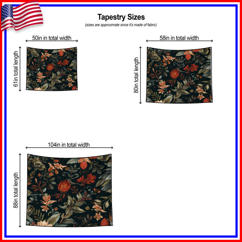 Tapisserie murale motif floral foncé - Décoration murale florale, H 104 po x 88 avec 4 œillets