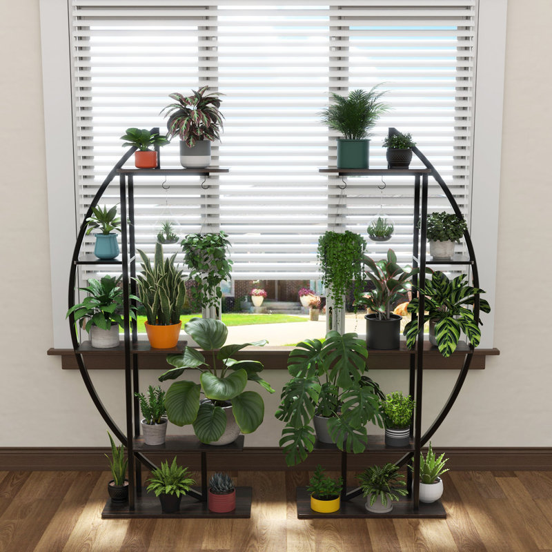Tall Black Metal and MDF Indoor Plant Stand with Hanging Hook