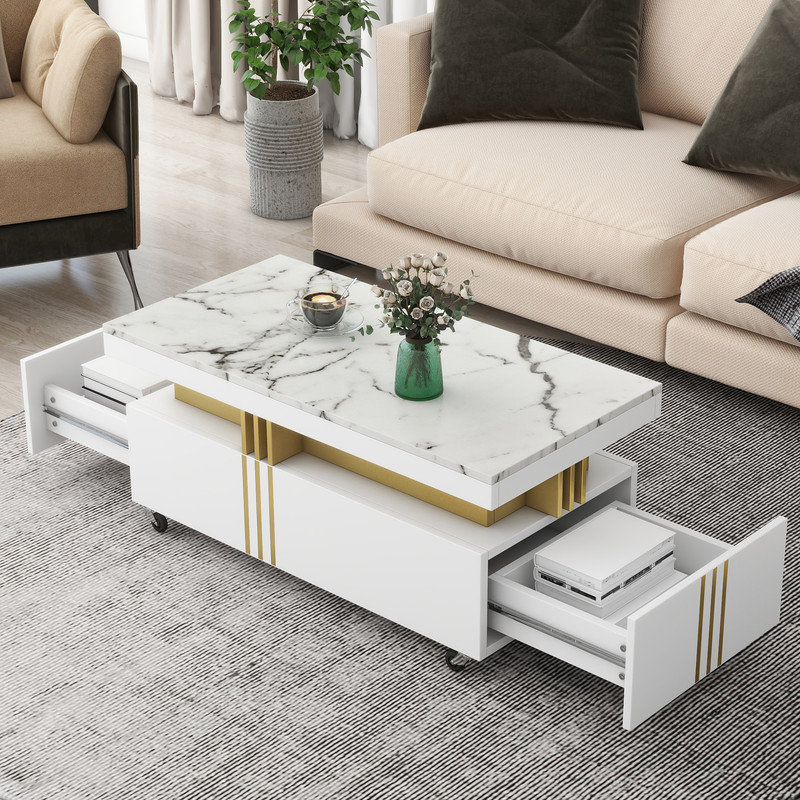 Table basse à roulettes avec rangement Maryjoan, Blanc / Doré