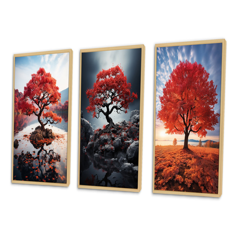 «Coral Tree Maple Symphony», 3 pièces sur toile, Encadré naturel, H 40 po x l 60 po