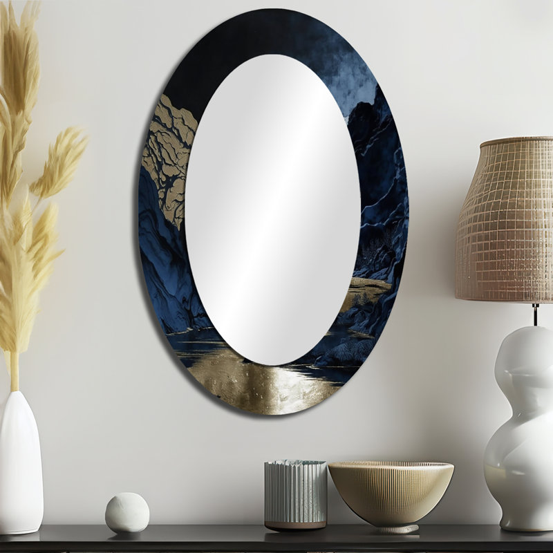 Gold Frosted River And Mountain III - Miroir mural ovale traditionnel, 36 po x 24 po