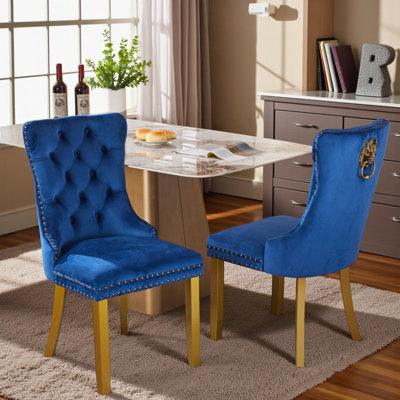 Traditional Velvet Wingback Tufted Solid Wood Upholstered Dining Chairs With Lion Head Pull Ring