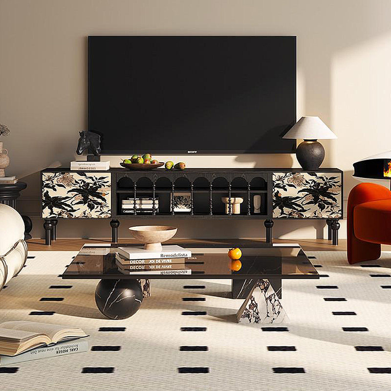 Meuble télé avec rangement peint français rétro, H 21,26 po x L 78,74 po x l 15,75 po, Noir