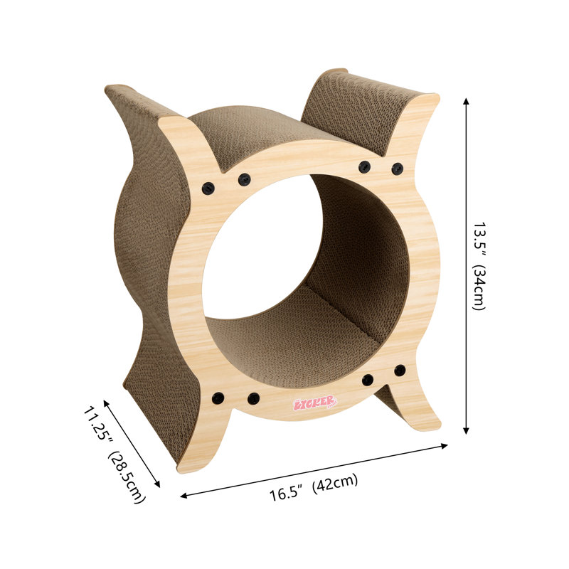 Engeddi 16.5" Modern Cardboard Tunnel Cat Scratcher with Catnip, Oak Wood Finish