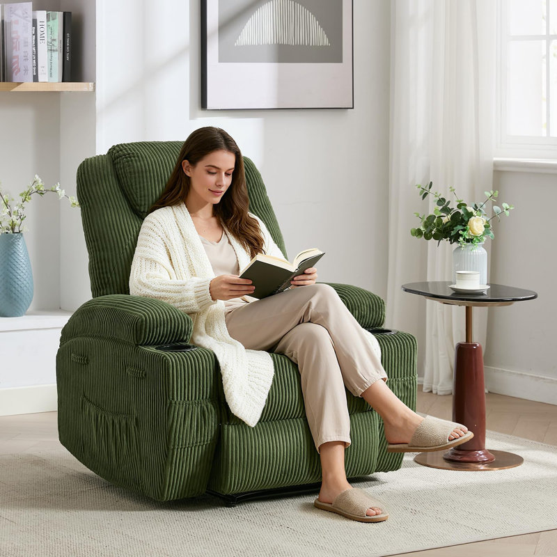 Fauteuil inclinable électrique ultra-confortable en velours côtelé - Ajustement avant et arrière à 135 °, massage chauffant