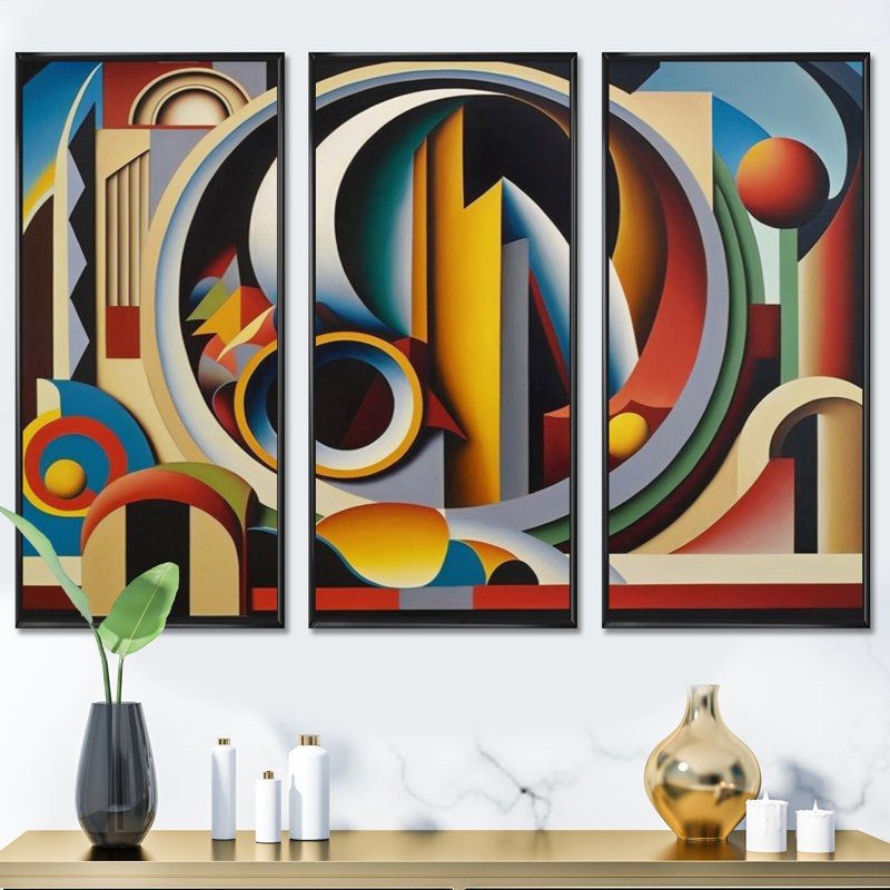 Circular Retro Dynamics II - 3 pièces sur toile, Cadre flottant noir, H 28 po x l 36 po