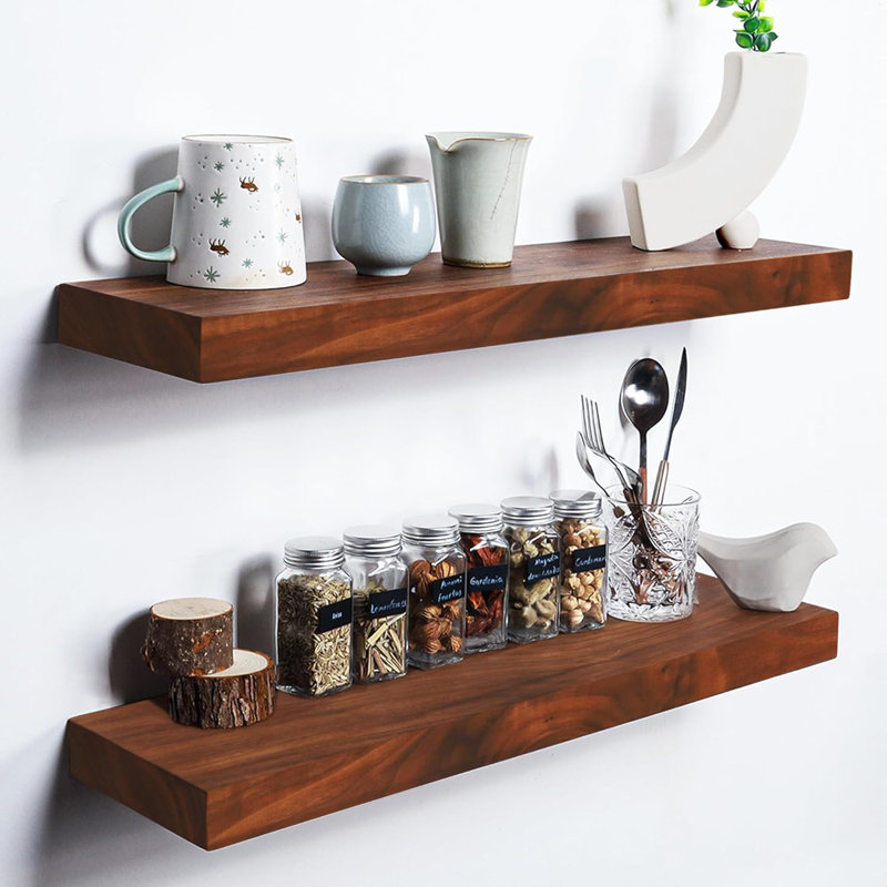 Earnhardt Painted Wood Floating Shelves, Bathroom Wall Shelves 2 Inches Thick, Red Wood, 2" H x 36" W x 8" D