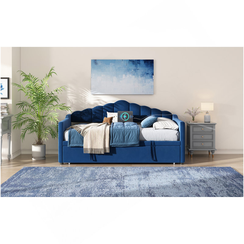 Lit de jour simple avec lit gigogne escamotable à hauteur réglable et port de charge USB Type-C, structure de lit de jour avec 2 poches latérales, aucun sommier nécessaire, bleu