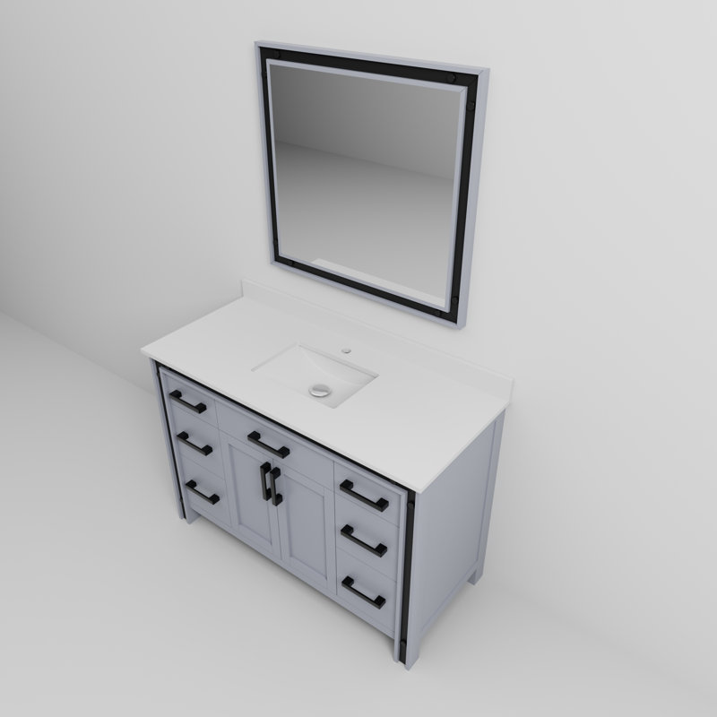 Meuble-lavabo simple l 48 po x P 22 po avec plateau blanc et miroir 34 po Ziva, Gris foncé, Marbre de culture blanc