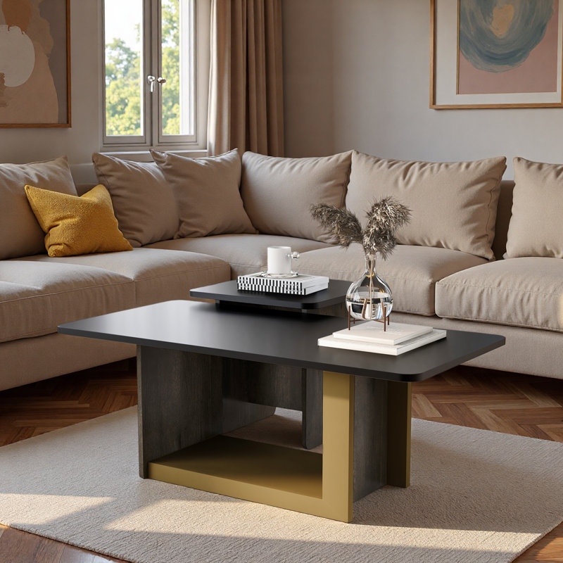 Set Of 2 Light Luxury Coffee Table With Spacious Top And Golden Frame, Black