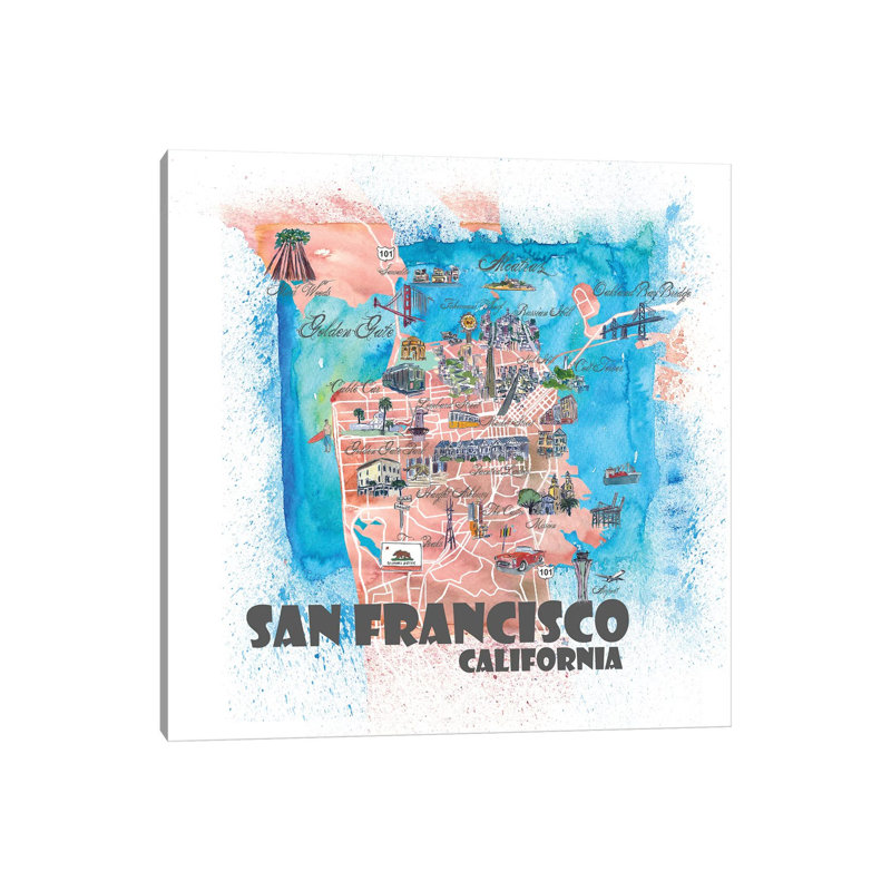 San Francisco USA Illustrated Map by Markus & Martina Bleichner - Painting on Canvas, Wrapped Canvas