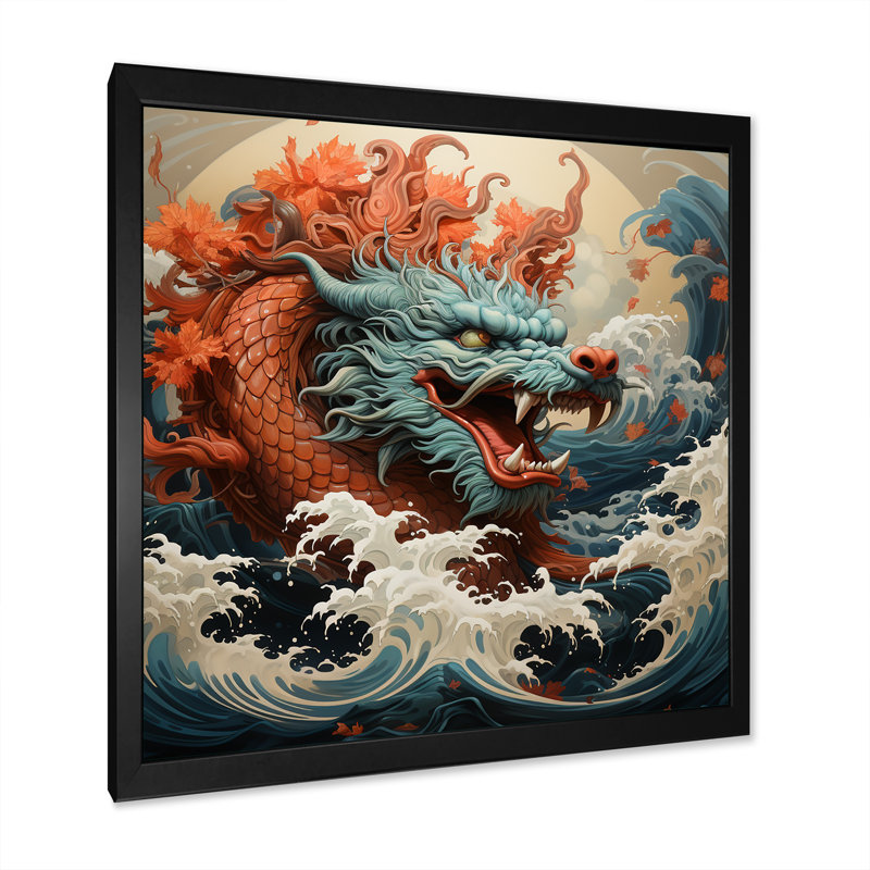 Dragon japonais japonais au large de Kanagawa III - Dragons, art mural, Cadre simple noir, H 36 po x l 36 po x P 1,5 po