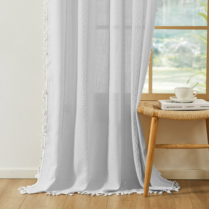 Semi Sheer Rod Pocket Curtain Panel with Tassel Fringe – Faux Linen Textured, Light Filtering, 1 Panel, 52" W x 108" L, Gray