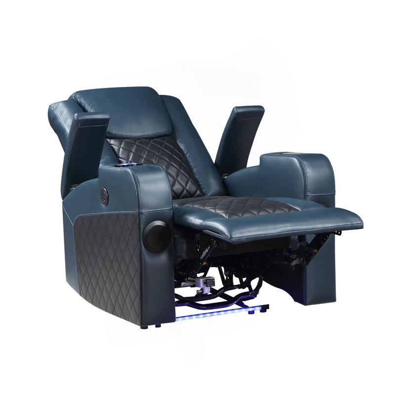 Alair Blue & Black Leather Aire Power Motion Recliner W/Bluetooth, Wireless Charger & Cupholder