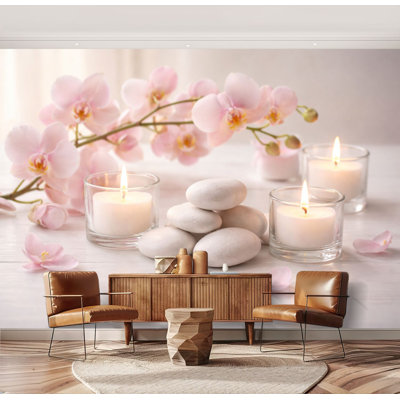 Wall Mural Peel and Stick Wallpaper Pink Orchid Blossoms White Candles Zen Spa Stones Minimalist Wellness Self-Adhesive Removable Contact Paper Wall Decor for Living Room Bedroom 69"H x 96"W