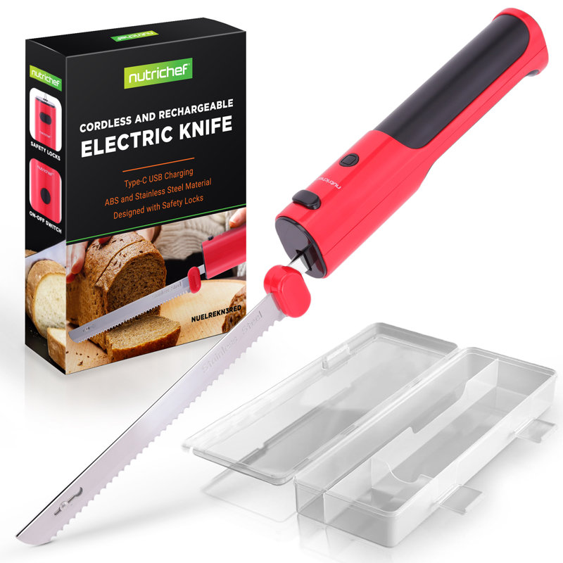 Couteau électrique sans fil Nutrichef | Fonction de sécurité marche / arrêt facile à utiliser | Couteau de cuisine léger | Carve - dinde, viande, volaille, pain et fromage | Lames en acier inoxydable de 11,42 po