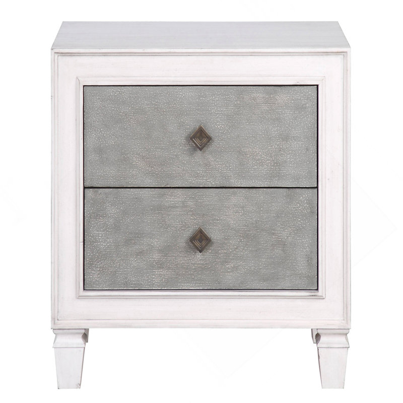 Table de chevet 2 tiroirs gris rustique et blanc vieilli