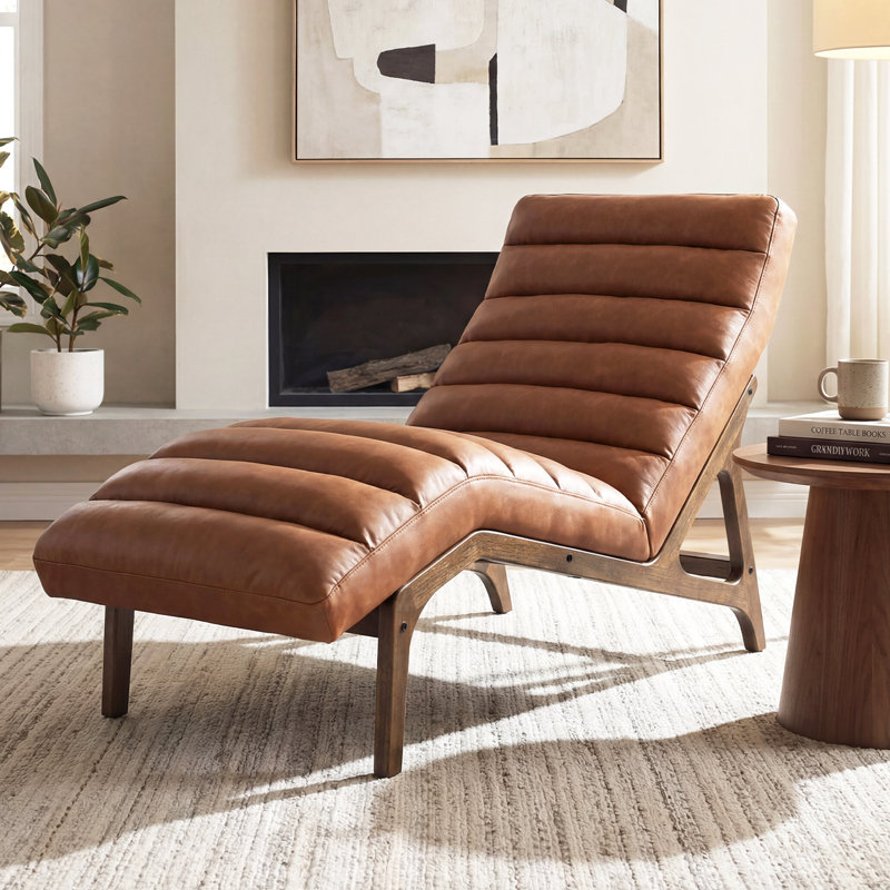 Modern Upholstered Chaise Lounge with Solid Wood Frame for Bedroom or Living Room, Brown, Dark Brown Wood