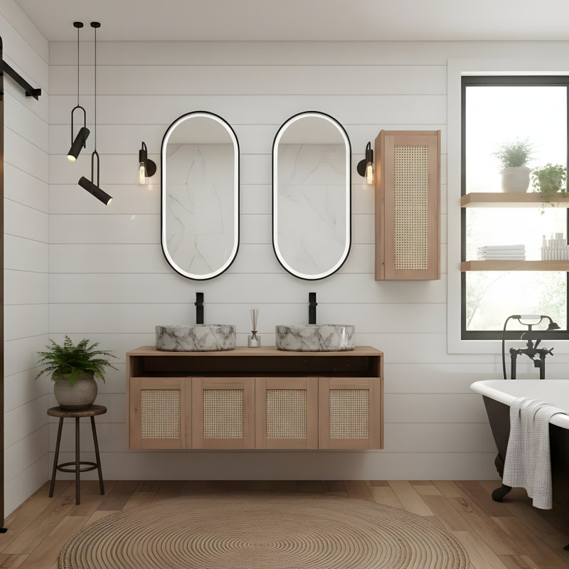 Meuble-lavabo de 48 pouces avec deux lavabos en céramique et armoires latérales