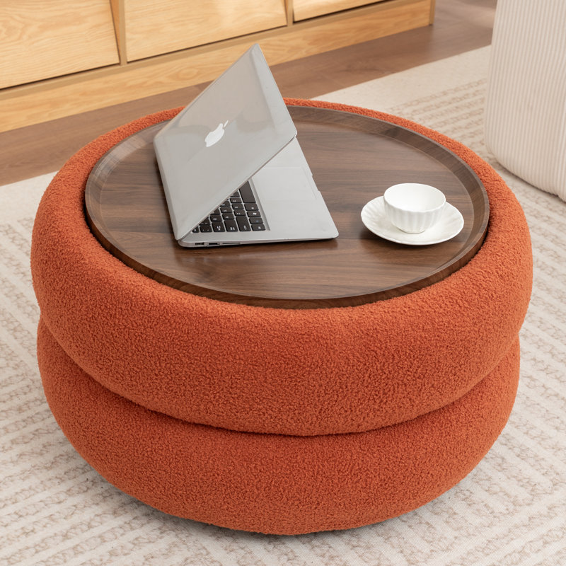 Upholstered Round Storage Ottoman, Orange