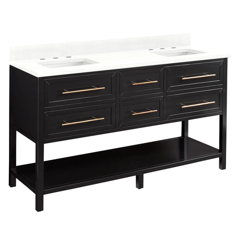60" Robertson Double Bathroom Vanity Set with Rectangular Undermount Sinks, Feathered White Quartz, Single-Hole Centered