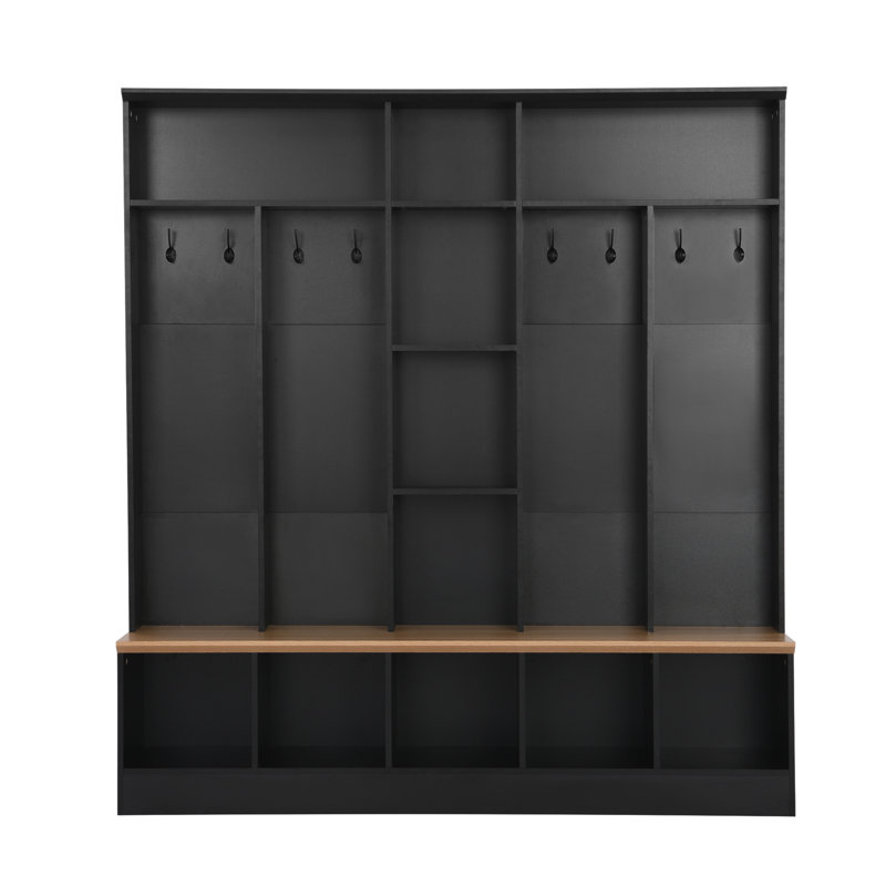 ON-TREND Wide Design Hall Tree With Storage Bench, Minimalist Shoe Cabinet With Cube Storage & Shelves, Multifunctional Coat Rack With 8 Hooks For Entryways, Mudroom