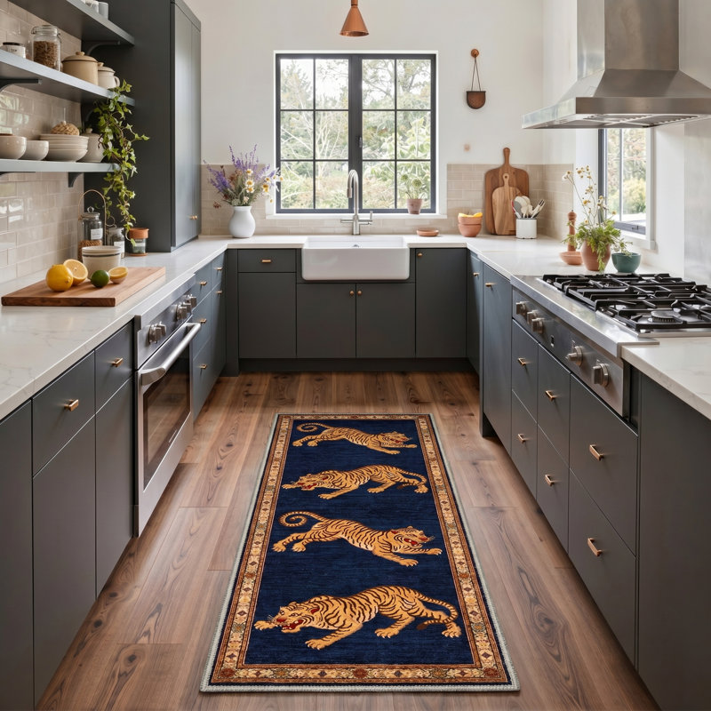 Abrahamson Tigers Geometric Machine Washable Blue / Yellow Indoor Area Rug with Non-Slip Backing, Runner 2'3" x 6'