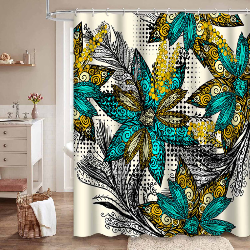 Rideau de douche abstrait à motif floral avec plumes blanches et 12 crochets, L 72 po x l 84 po