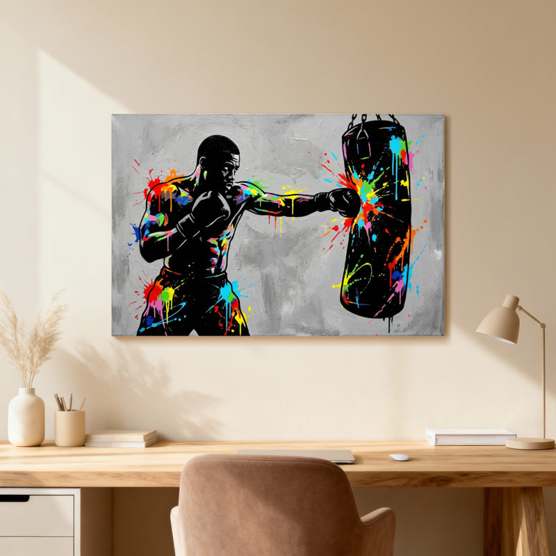 Colourful Boxing Silhouette With Paint Splashes, 12" H x 18" W, Light Wood Grain, Single Picture Framed