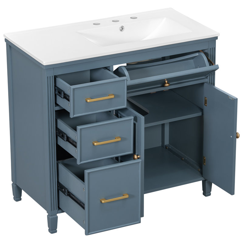Meuble-lavabo de 36 po avec lavabo en céramique, tablette réglable et tiroirs Koda, Bleu gris