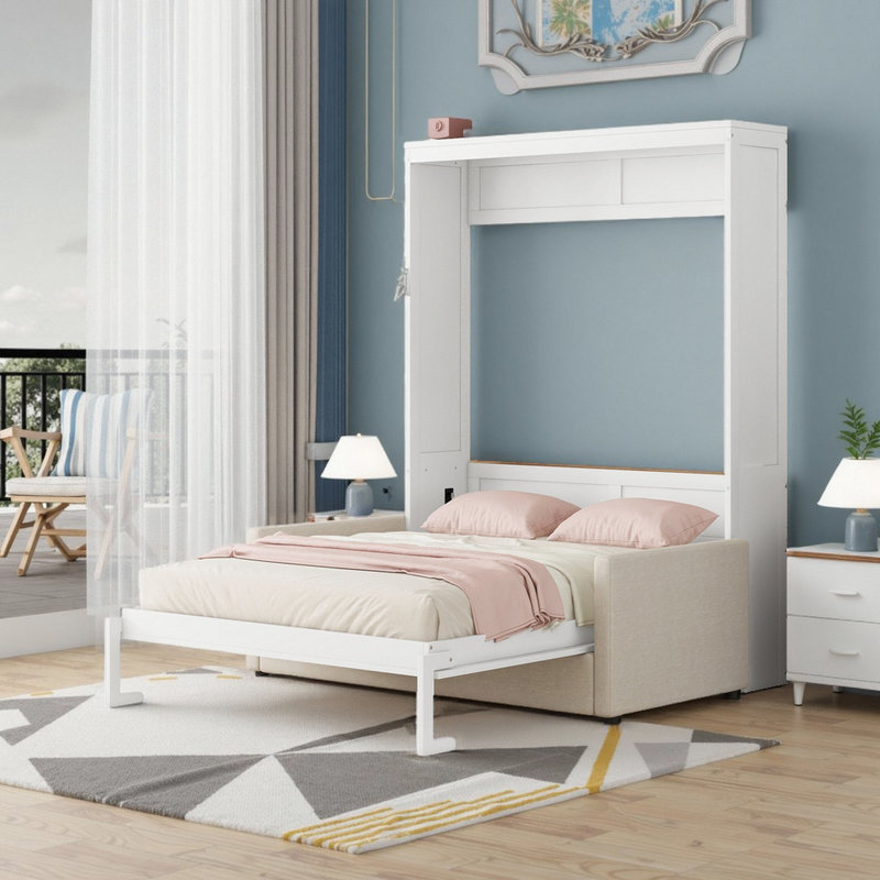 Grand lit escamotable 66,8 po avec canapé convertible peu encombrant, Blanc