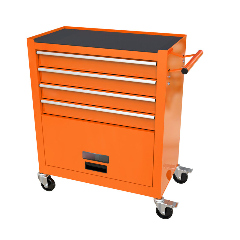 Chariot à outils orange à 4 tiroirs avec roulettes - Composition et commodité en acier - Rangement de tiroir à roulement pour le garage dans une fabrication solide