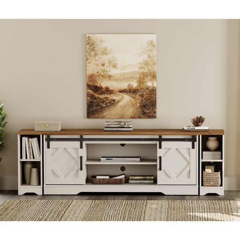 Laziza 78.7" W Wood TV Stand with Open Storage and Barn Doors , White/Brown