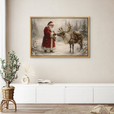 Christmas " Santa Claus Feeding Reindeer In Snowy Forest Framed Canvas Master Bedroom Wall Art Work Print "