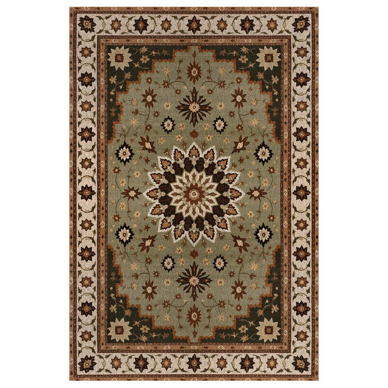 Jazeera Collection Digital Print Cotton-Polyester Green Beige Brown Floral Rug, Square 4'