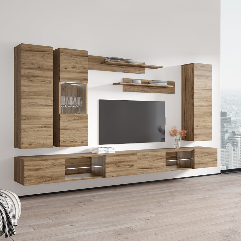 126" Modern Floating Wall Mounted Entertainment Center with 16-Color LED Lighting, High Gloss Finish, Oak