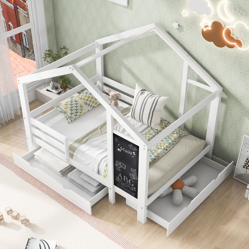 Lit simple avec tableau noir et tiroirs, deux options d'assemblage, blanc