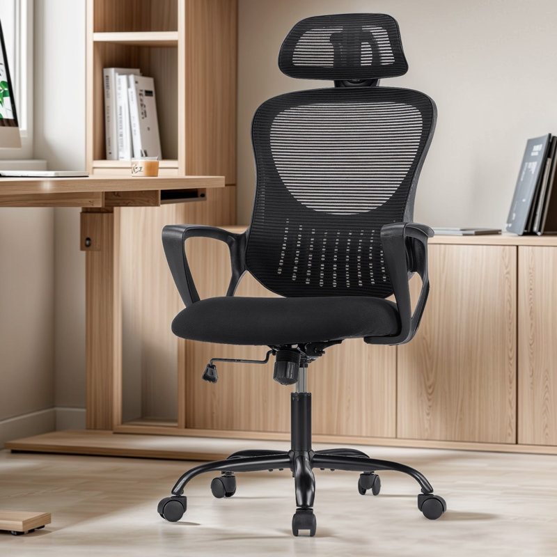 Chaise de bureau ergonomique à dossier haut en filet avec accoudoirs pivotants et appui-tête réglable, Fixé