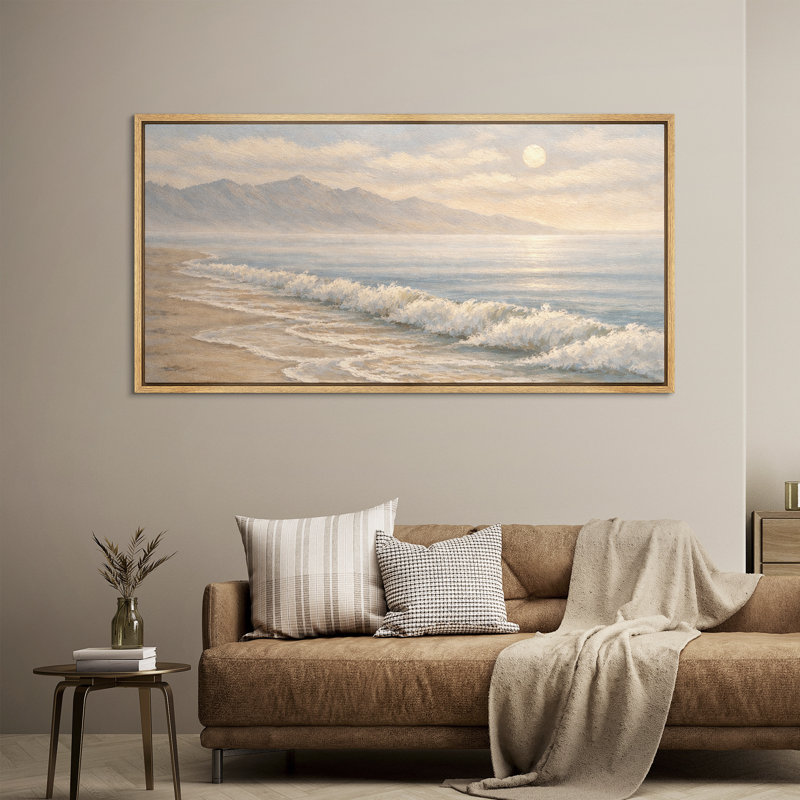 «Serene Coastal Beach Waves with Distant Mountains Soft Neutral Seascape», grande impression encadrée sur toile de la chambre principale