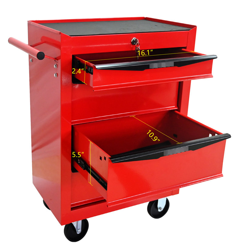 Armoire à outils multifonctionnelle 20 po à 4 tiroirs, avec roulettes, rouge et noir, glissières à roulement pour glissières en métal à ouverture douce, surface de rangement supplémentaire fréquemment utilisée