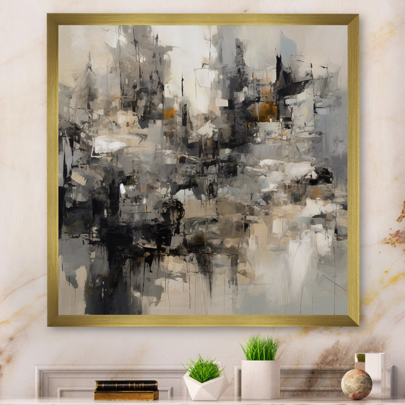 «Grey Black Inner Worlds of Marble I», reproduction d'art sur toile encadrée géométrique abstraite, Encadrement doré