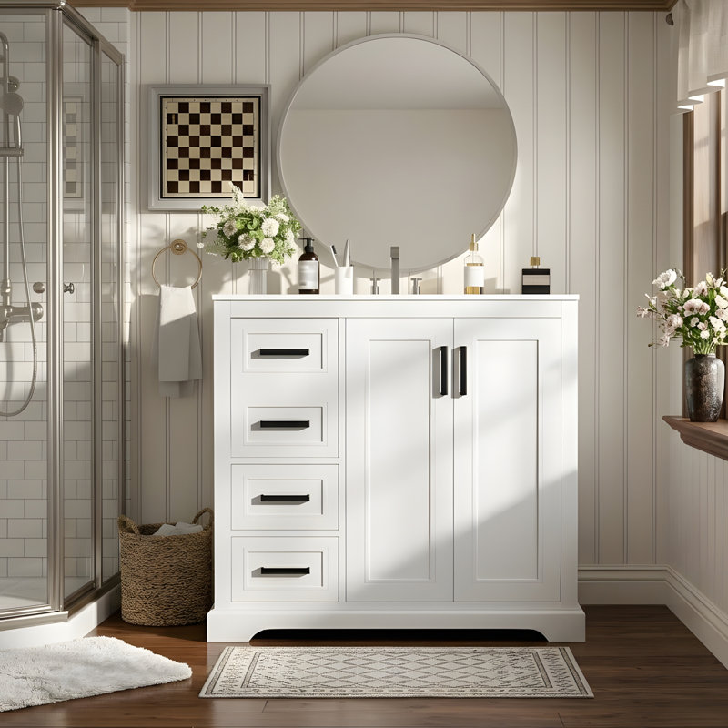 Meuble-lavabo avec lavabo en céramique, tablettes réglables et trois tiroirs, Blanc